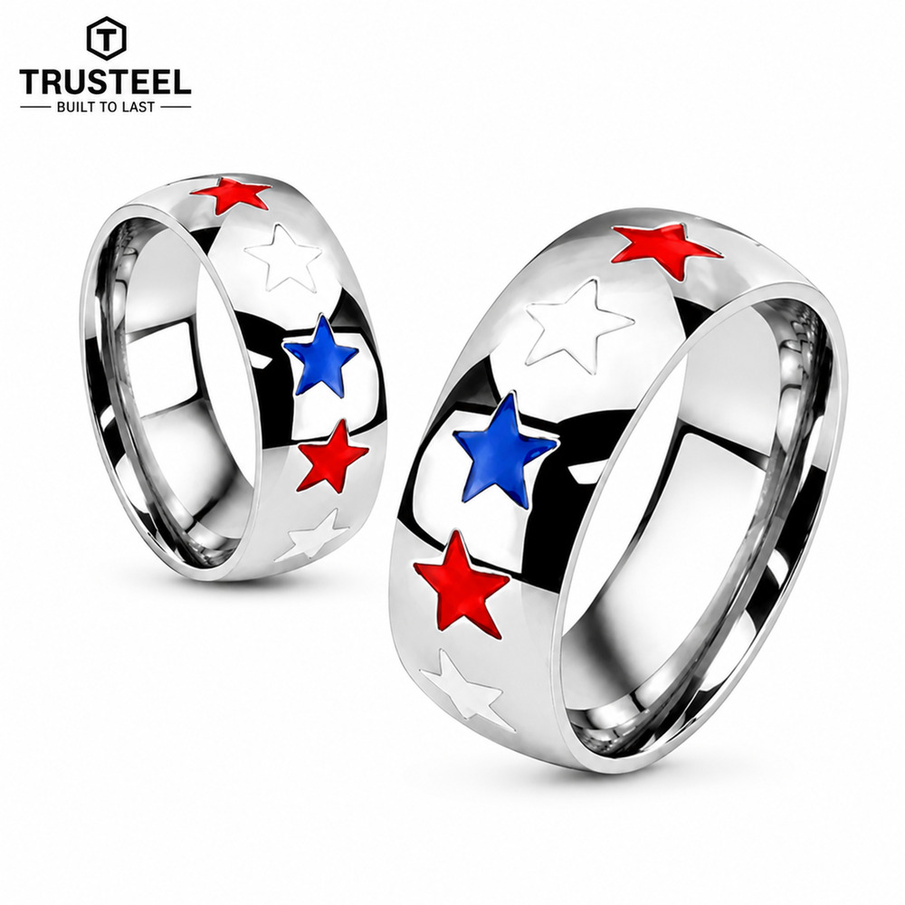 Men’s Stainless Steel Patriotic Star Ring Red White Blue Enamel Band USA size 11